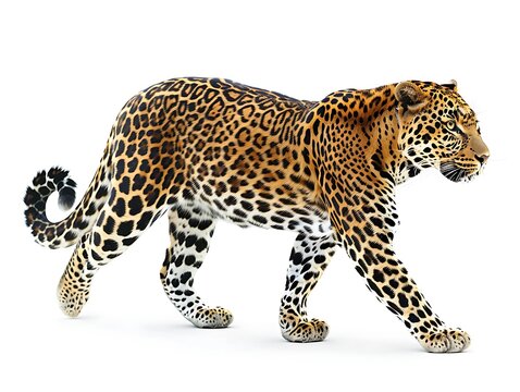 Prowling Leopard: A realistic illustration of a leopard prowling, set against a white background with ample copy space, professional use of colors and proportions, sharp focus, clear light, high