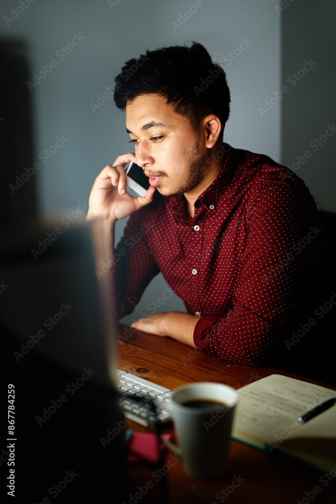 Poster man, smartphone and night with phone call in office for communication on working late, deadline and 