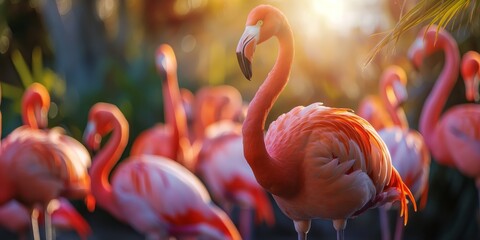 flock of pink flamingo bird in tropical jungle