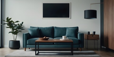 Fototapeta premium A contemporary room with a blank poster on the wall, featuring a plush sofa, wooden coffee table, and modern decor elements.