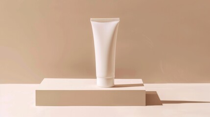 White Plastic Tube Of Cream On Beige Platform