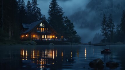 Fototapeta premium Night lights of a lake house in the mountains. Night lights of a lake house in the mountains. Mountain lake house lights.