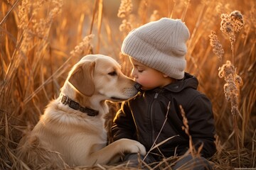 Little boy and his dog outdoors. Cute child with doggy pet. Best friends and love animals concept. International Homeless Animals Day