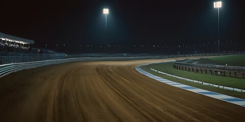 Obraz premium A brightly lit race track at night, featuring a well, marked starting line and illuminated by powerful lights, ready for an exciting race.