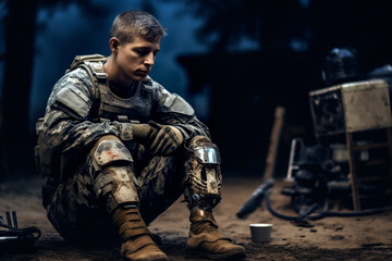 Fototapeta premium Sad soldier in uniform with a prosthetic leg sitting amidst ruins, contemplating. Tired military soldier with a prosthetic leg sitting in ruins, deep in thought
