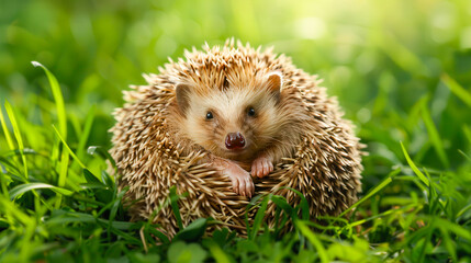 Fototapeta premium Hedgehog curled up in a ball on the grass. Macro shot of a hedgehog