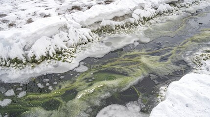 Obraz premium Snow algae s green bloom on the melting ice and snow at the shoreline