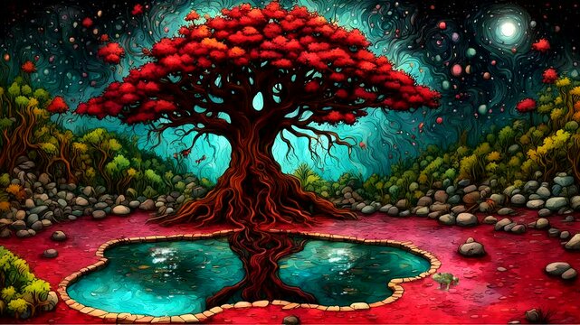 The animated view of the big tree, in the center of the pond at night looks beautiful and there are frogs, during summer.  Seamless looping 4k time-lapse animation video background