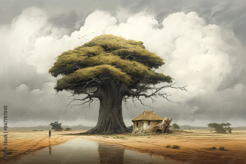 Poster a large tree stands in the middle of a desert with a small hut in the background