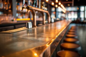 An empty bar counter made of metal with lined-up stools in a dimly-lit setting, illuminated by warm lighting, giving a cozy and inviting atmosphere.