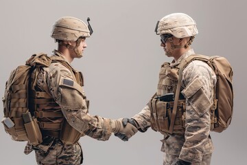 Fototapeta premium Two soldiers in military uniforms and helmets shake hands in a neutral background, demonstrating camaraderie and mutual respect between military personnel.