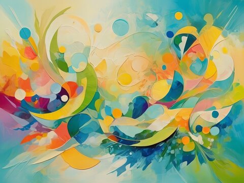 Abstract painting in summer colors theme, whimsical shapes, optimistic and happy feelings. Background or wallpaper