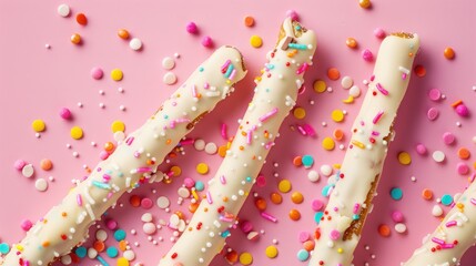 White chocolate covered pretzel sticks with colorful candy sprinkles in a sunburst pattern on a pink background
