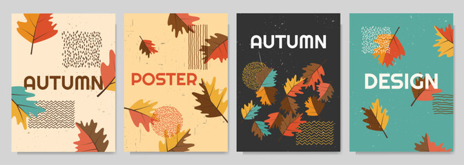 Vector illustration. Set of trendy autumn banners with scratched paper effect and nordic style drawn element. Leaves falling background. Design for poster, brochure card, book or magazine cover, flyer
