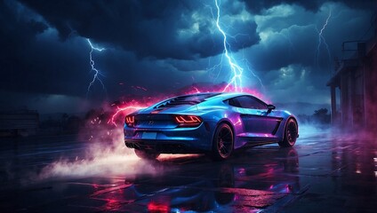 Sleek Blue Sports Car Illuminated by Lightning in a Dramatic Storm