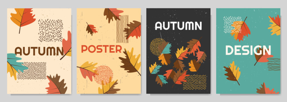 Vector illustration. Set of trendy autumn banners with scratched paper effect and nordic style drawn element. Leaves falling background. Design for poster, brochure card, book or magazine cover, flyer
