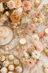 Elegant dessert table with various baked goods in the background you can see slightly fuzzy flowers