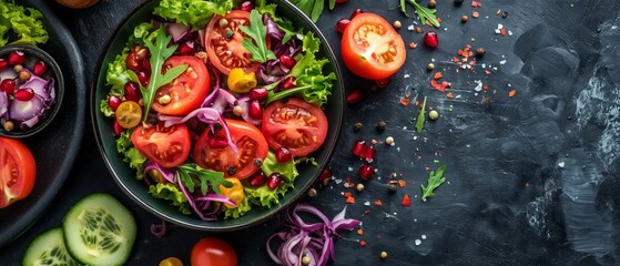 flat lay top view fresh tomato lettuce salad on black rock table background, homemade healthy eating organic dish