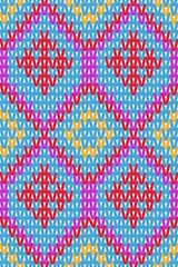 Pattern work imitating knitting Geometric shapes in blue, pink, and yellow, connected together to form a seamless pattern. Vector illustration