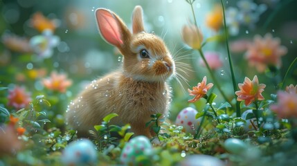 Fototapeta premium Cute Baby Rabbit in a Flower Garden - Generative AI