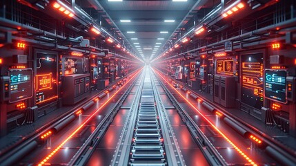 Futuristic Data Center with Red Neon Lights - Generative AI