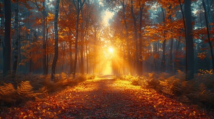 Obraz premium Sunlit Autumn Forest Path - Generative AI
