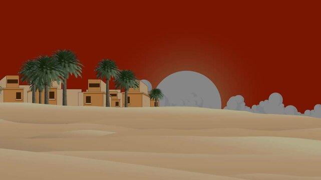 Animated Desert Village with Sunset and Moonrise Cartoon Scene
