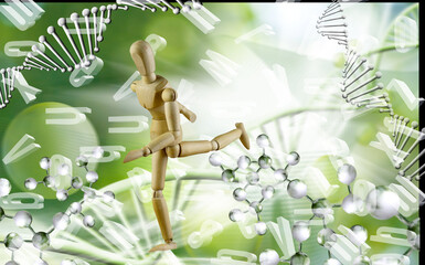 A Wooden Figure Runs Through A World Of Numbers And DNA