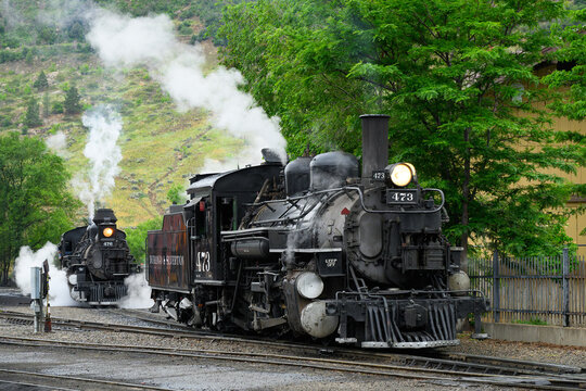 Durango, CO, USA - June 14, 2024; Durango and Silverton Narrow Gauge Railroad engines in steam