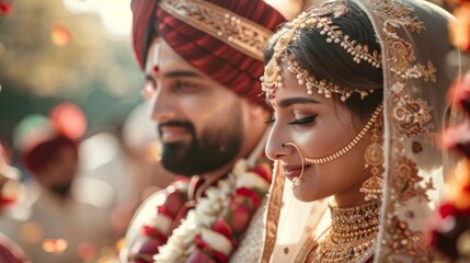 A close-up portrait of a Hindu bride and groom exchanging vows during their wedding ceremony. The bride is adorned in beautiful gold jewelry and a traditional white veil