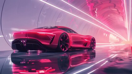 Luxury modern red car at tunnel, on the mirror surface of an abstract geometric structure in a high-tech style. Automobiles for sale, rent, car showroom, copy space, ad