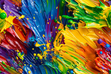 A vibrant and dynamic pattern with intense splashes of primary colors on a white background. The seamless design features bold strokes of paint, creating a lively and energetic tile.