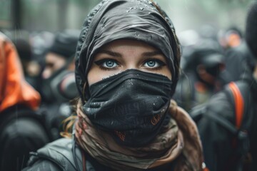 A close-up portrait of a woman wearing a black face mask and hooded scarf, standing in a crowd of people