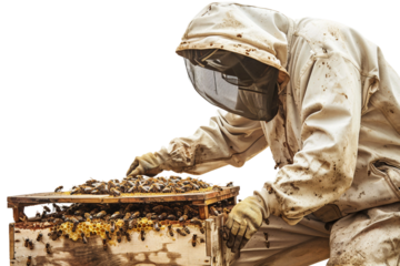 Beekeeper with Honeybox and Bees Isolated on Transparent Background