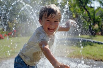 A young boy, with a wide grin on his face, stands in a fountain on a sunny day, enjoying the cool water spray