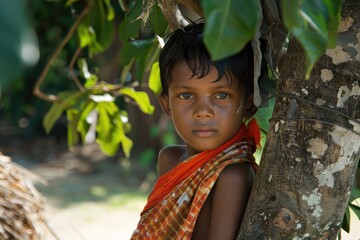 A young child in a traditional red and orange garment stands near a tree trunk in a lush jungle environment. They gaze out of the frame, lost in thought
