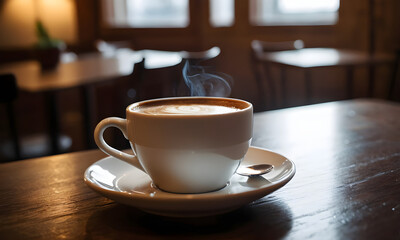 Steaming cup of coffee standing on a table in a cafe