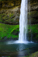 Obraz premium South Falls waterfall with path behind at Silver Falls State Park Oregon