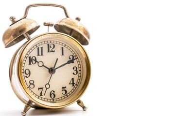 A classic alarm clock with a golden finish and a white face, captured against a stark white backdrop