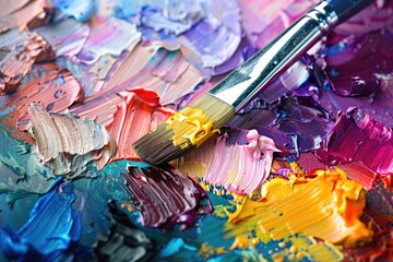 Obraz premium A close-up image of a paint palette with various colorful oil paints and a brush lying on top