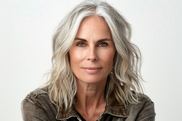 Fototapeta premium A woman with silver-grey hair and a confident gaze looks directly at the camera