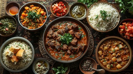 Traditional Indian Feast with Various Dishes and Rice - Generative AI
