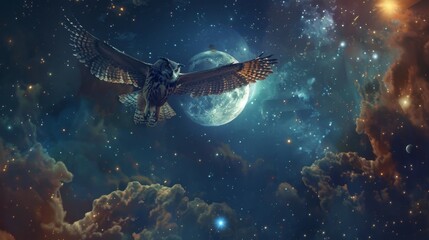 Obraz premium Owl Soaring Through a Cosmic Night Sky - Generative AI