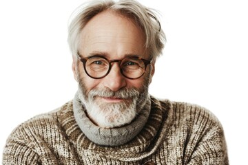 A portrait of an older man with a white beard, wearing glasses and a brown sweater, smiles gently at the camera