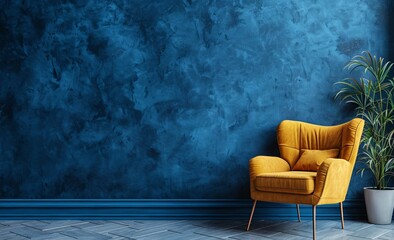 Cozy Yellow Armchair Against Dark Blue Wall