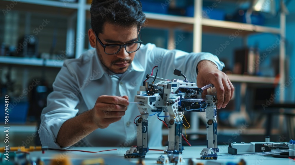 Aufkleber A Hispanic engineer wearing glasses is focused on working with a robot in a laboratory setting