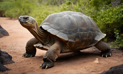 Obraz premium Giant galapagos tortoise walking on red sand