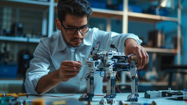A Hispanic engineer wearing glasses is focused on working with a robot in a laboratory setting