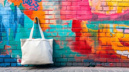 Blank Tote Bag Hanging Against Colorful Brick Wall