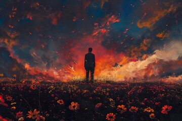Fototapeta premium Man standing in a field of flowers and looking at the sky.